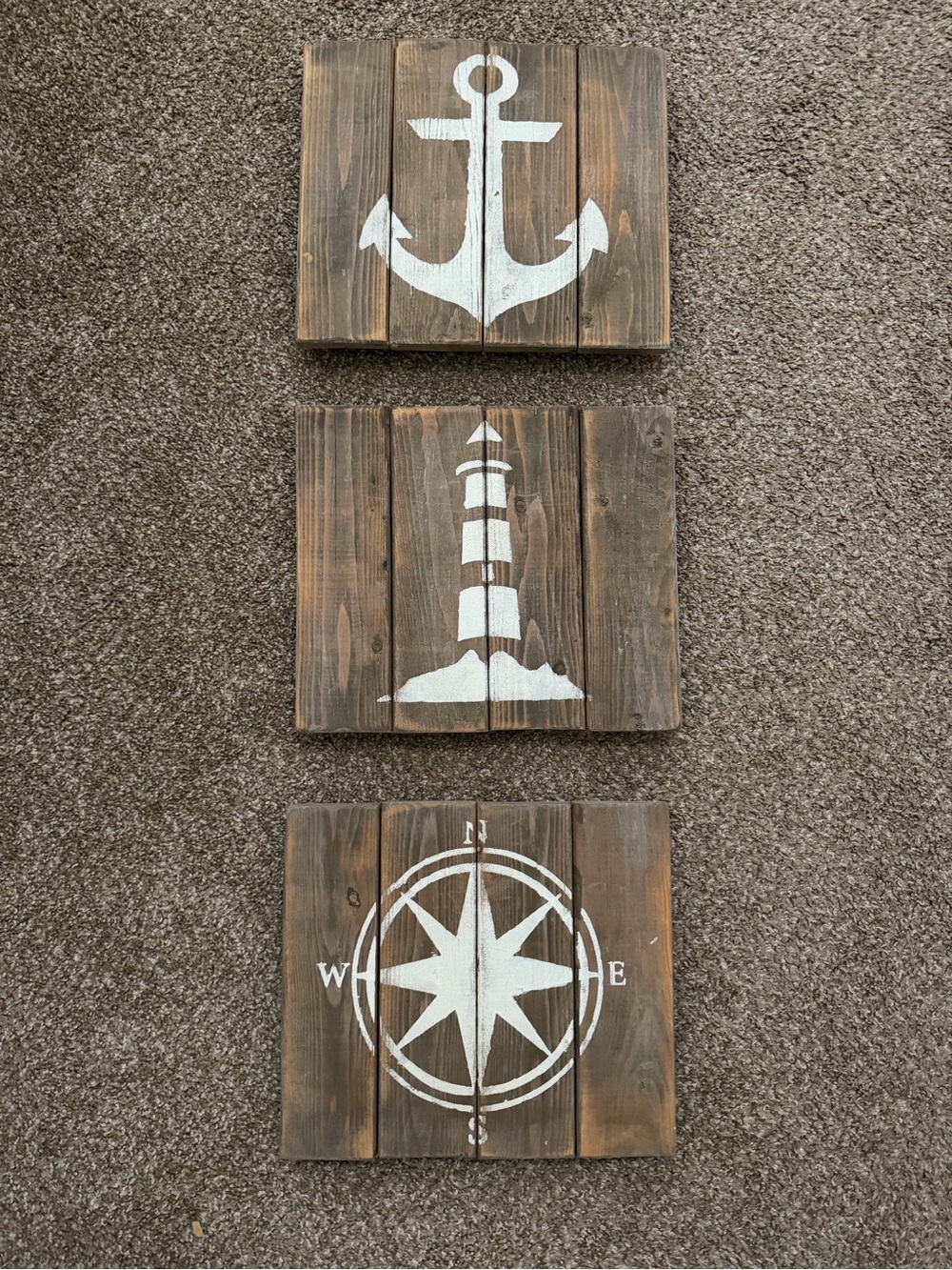 Nautical Anchor, Lighthouse & Compass Wall Art - White on Wood